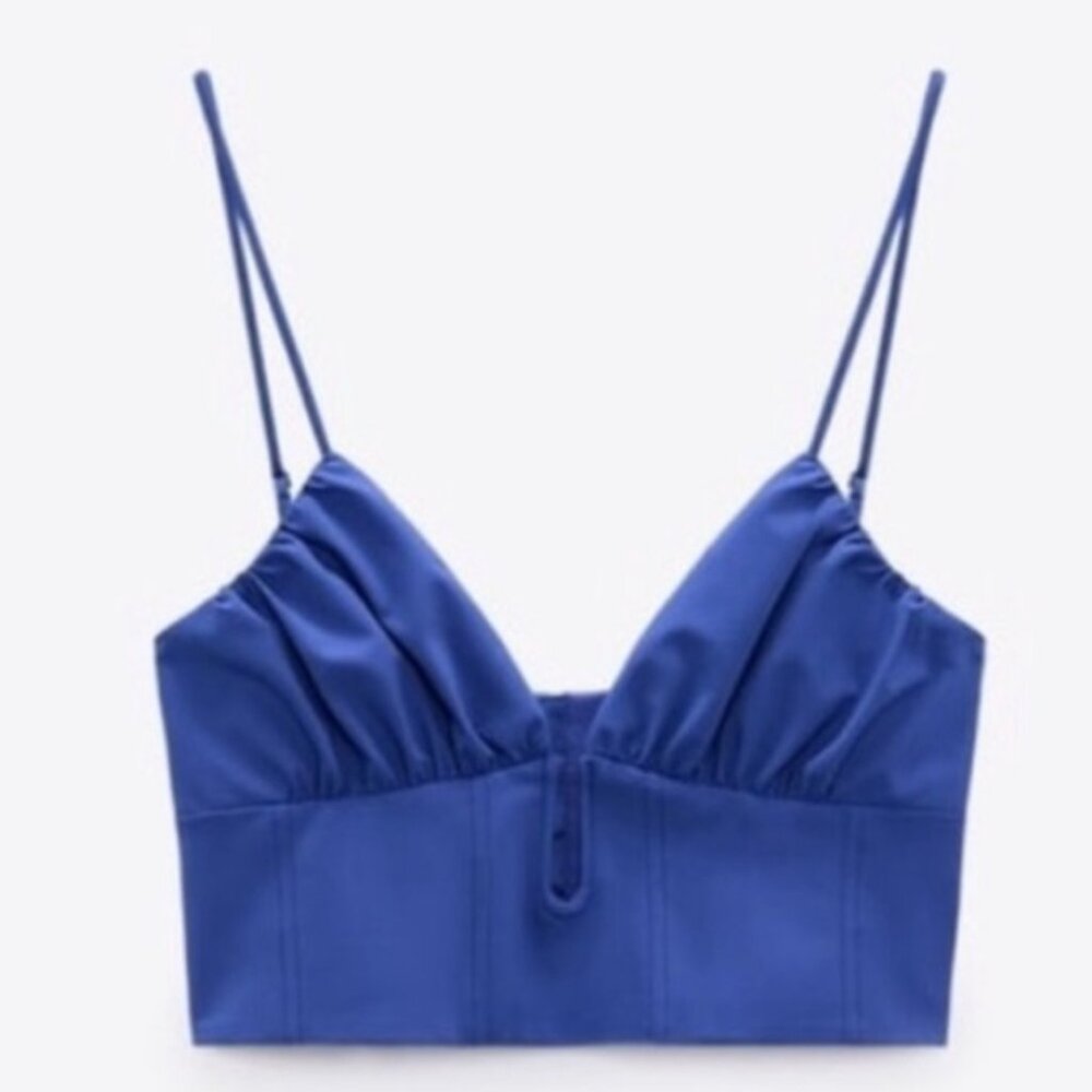 Zara, XS, worn once, BUSTIER CROP TOP, Mid-blue